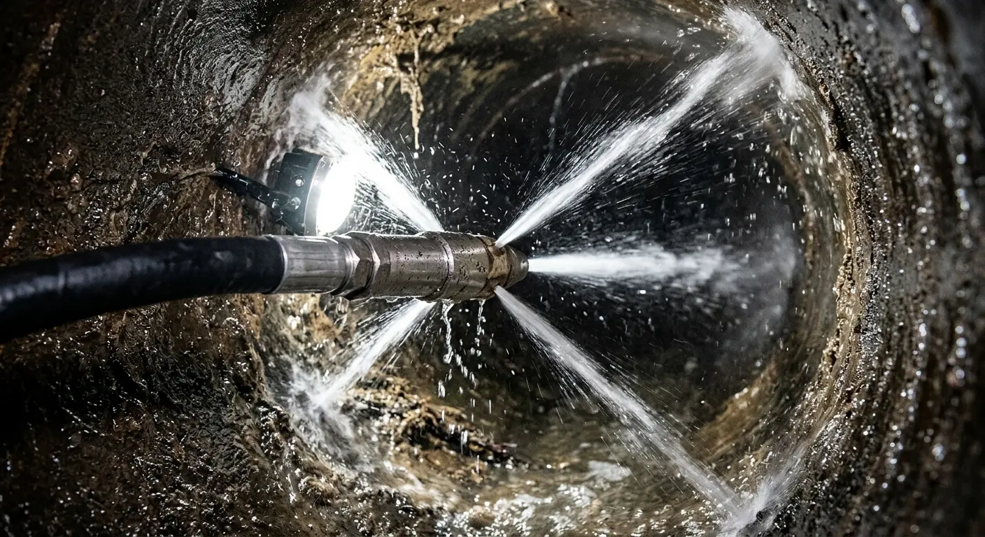 High-pressure hydro jetting nozzle cleaning sewer pipe for Emergency Drain Service in Milford