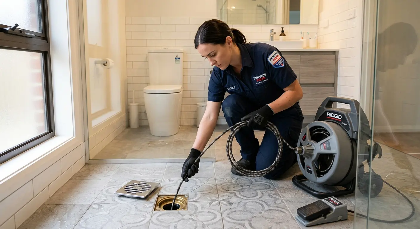 Technician clearing a bathroom floor drain for Drain Cleaning in Milford